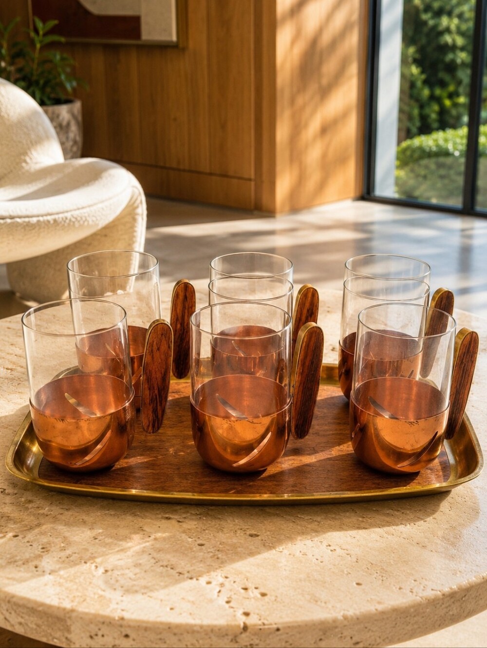 Vintage Copper Glass Cup Set Wood Handles MCM Barware Tray 7 Pc